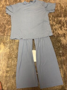 Women's Light Blue Wide-Leg Ribbed Lounge Pants Set